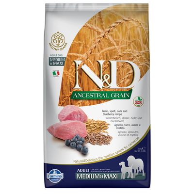 Paquet Farmina N&D Ancestral Grain Adult Medium & Maxi agneau, myrtilles pour chien