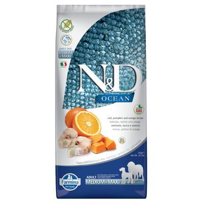 Paquet Farmina N&D Ocean Adult Medium & Maxi morue, potiron & orange pour chien