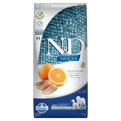 Paquet Farmina N&D sans céréales Ocean Hareng & Orange Adult Medium & Maxi
